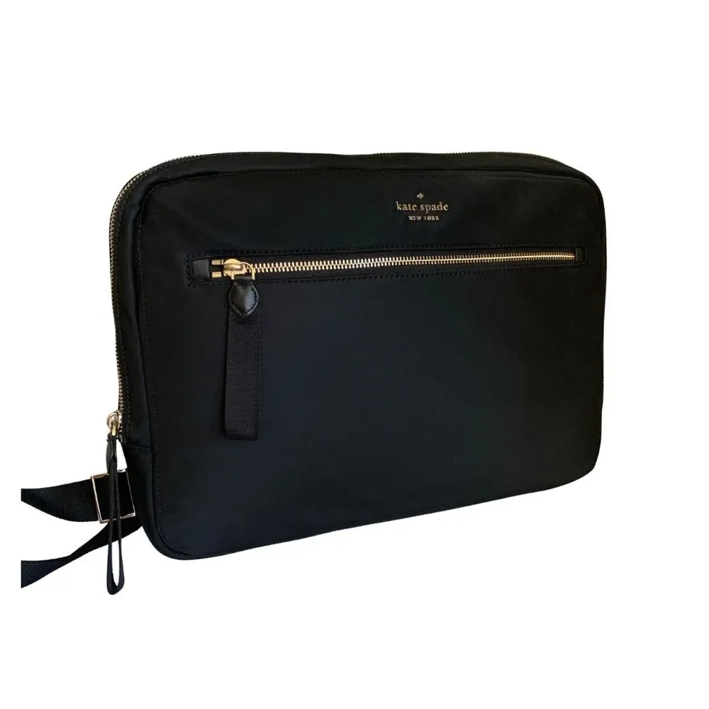 Kate Spade Chelsea Black Nylon Laptop Case Crossbody Gold Hardware